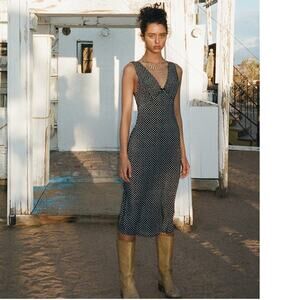 Realisation Par Stephanie Silk Polka Dot Midi Slip Dress Paradiso Noir Black